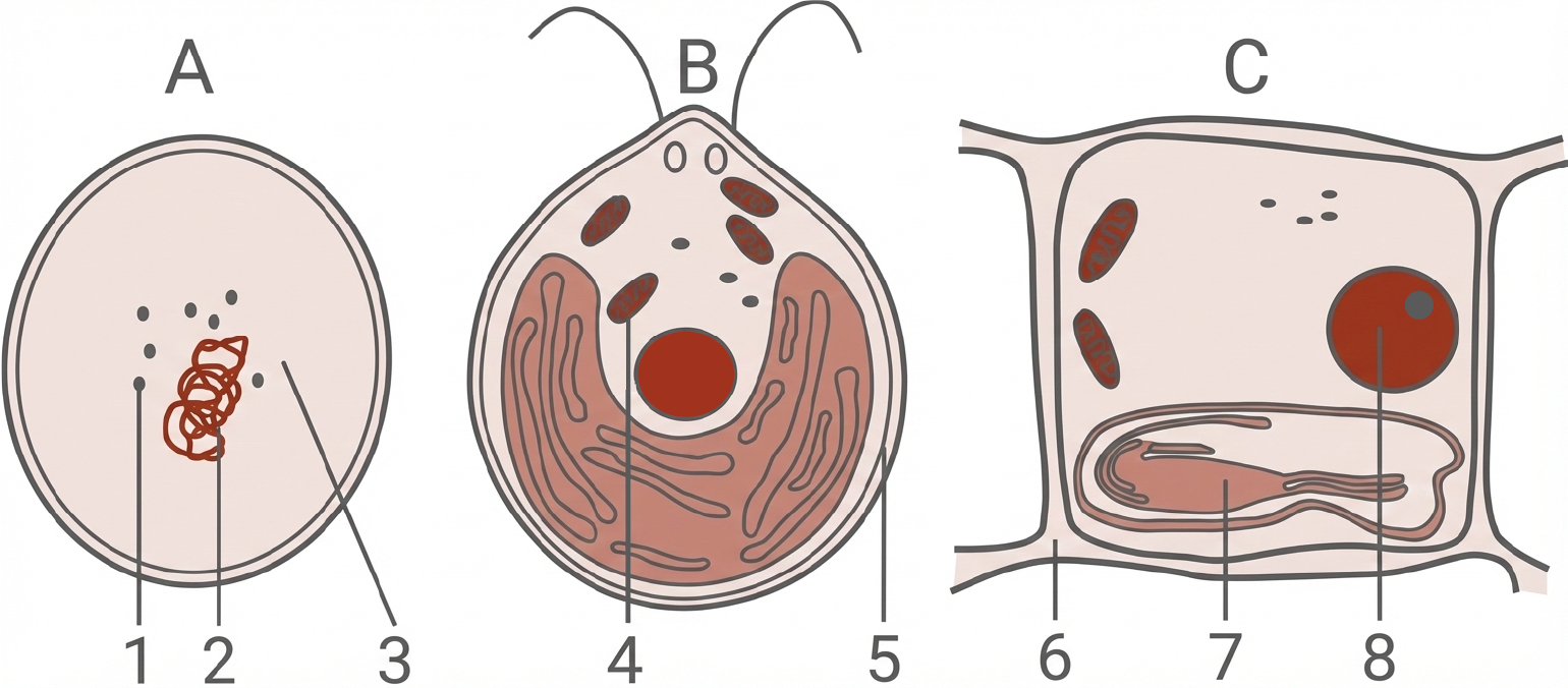 Schematische Darstellung: A Bakterienzelle, B tierische Zelle mit Organellen, C Pflanzenzelle mit Zellwand und Vakuole